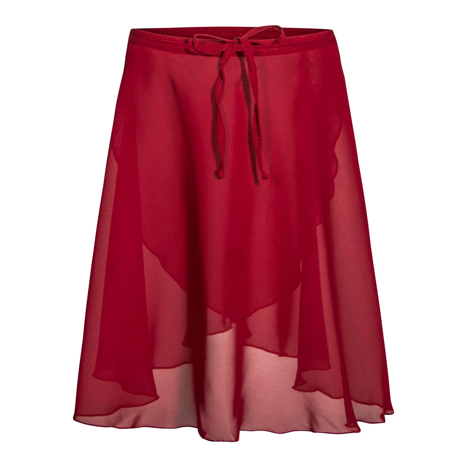 Must-have R3050 Chiffon-Wickelrock in Bordeaux von Rumpf mit asymmetrischem Saum und Bindegürtel in der Taille, wie ein Wickeltuch einer Tänzerin.