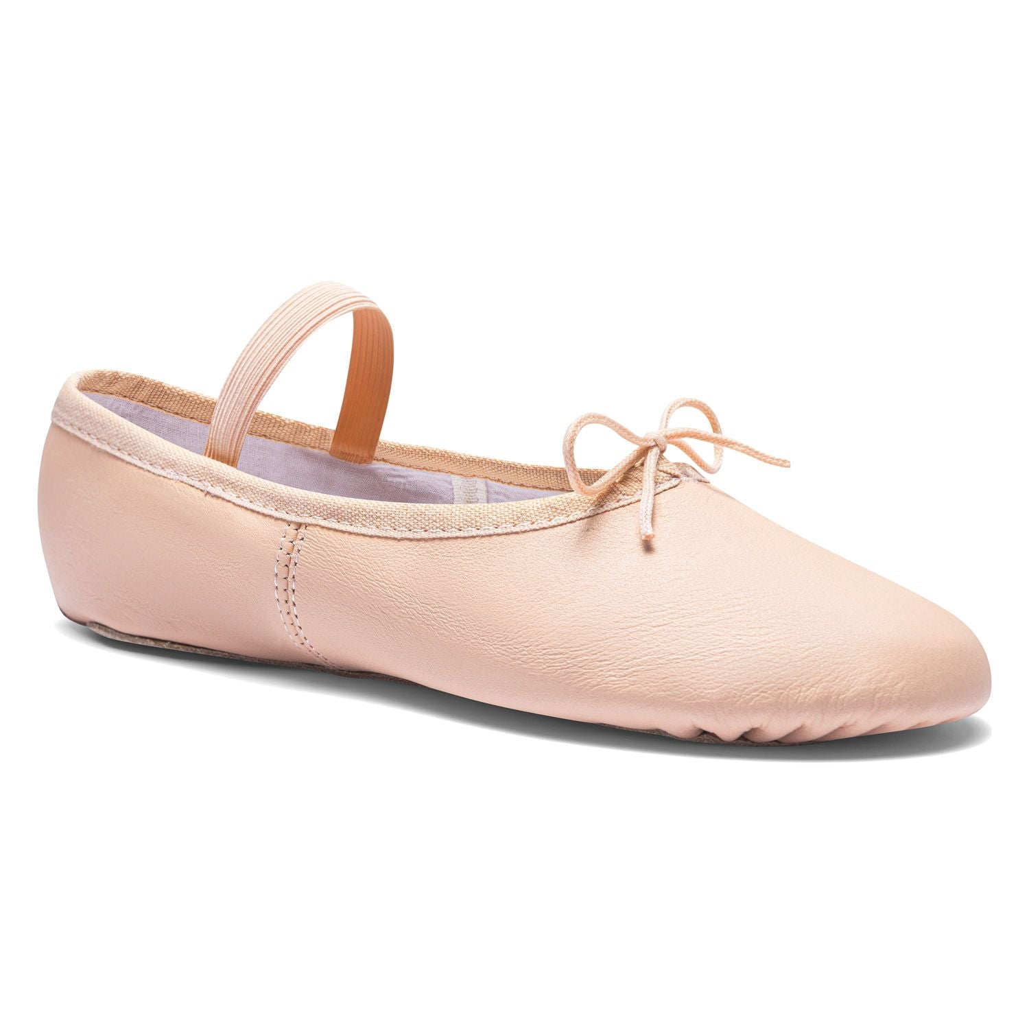 Ein einzelnes 1001 Ballettschläppchen Leder in Rosa von Rumpf verfügt über einen elastischen Riemen, eine Chromledersohle und eine Anfängerschleife.