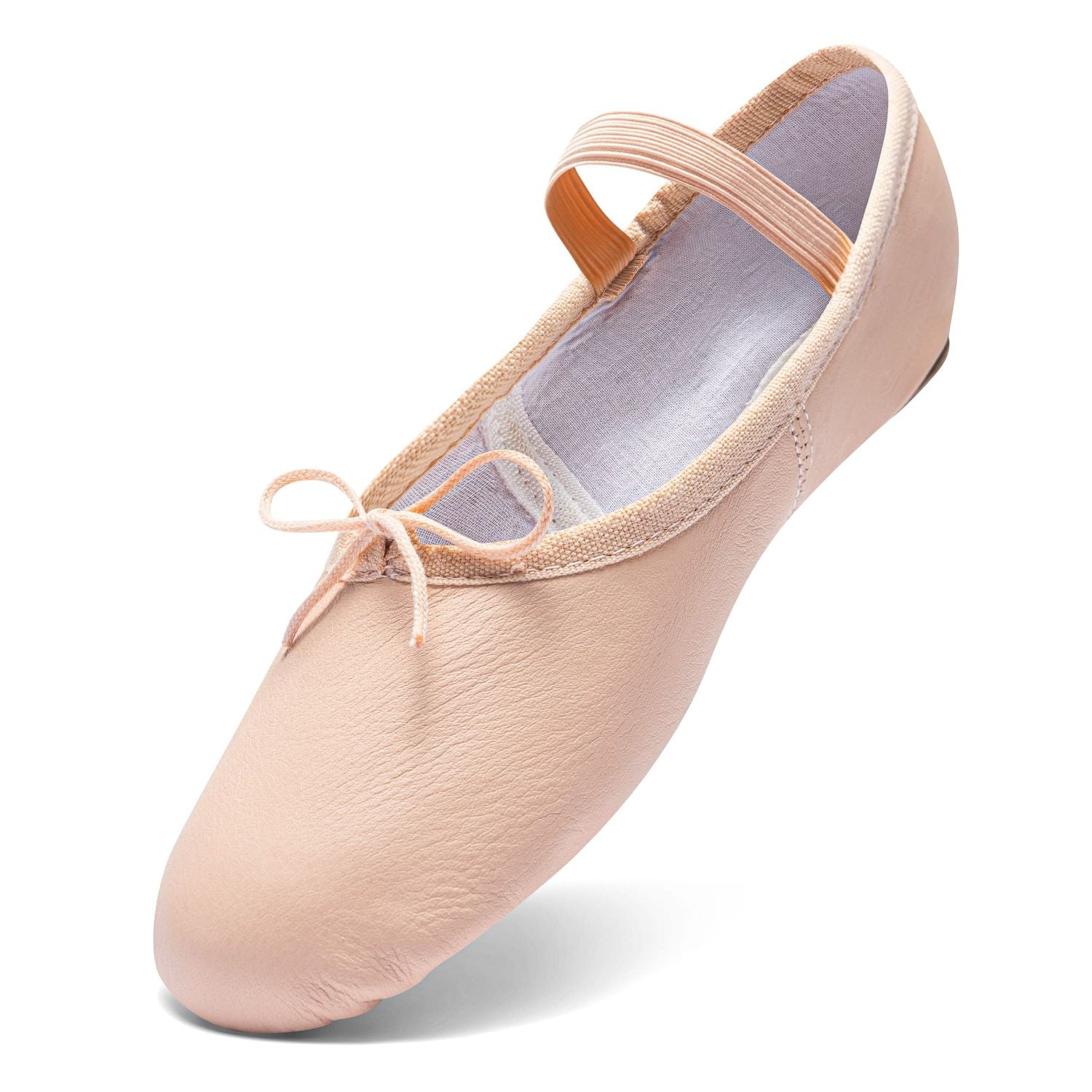 Rumpf 1001 Ballettschläppchen Leder in Rosa mit elastischem Riemen, Schleifendetail und Chromledersohle.
