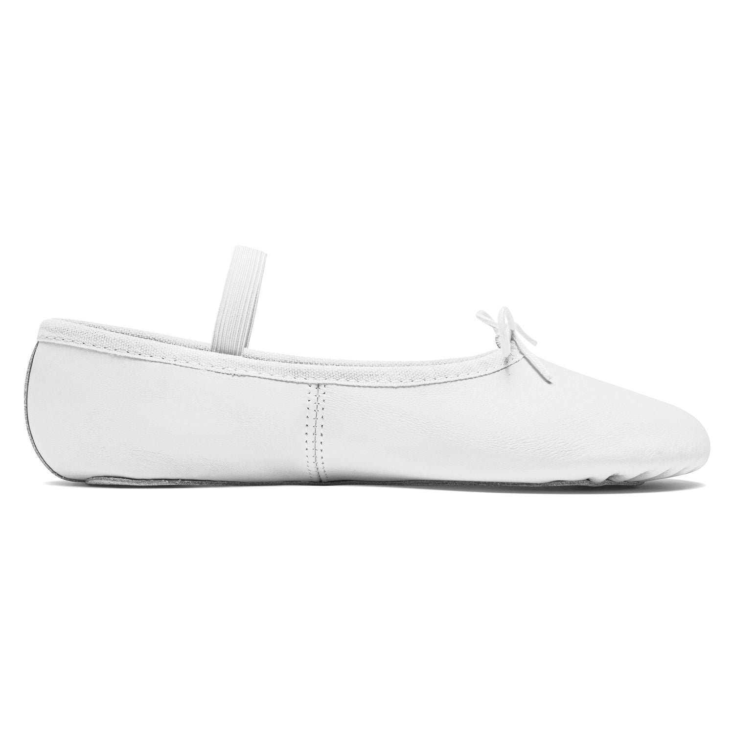 Rumpf's 1001 Ballettschläppchen in Weiss: Flache Chromledersohle, elastisches Band, kleine Schleife. Seitenansicht.