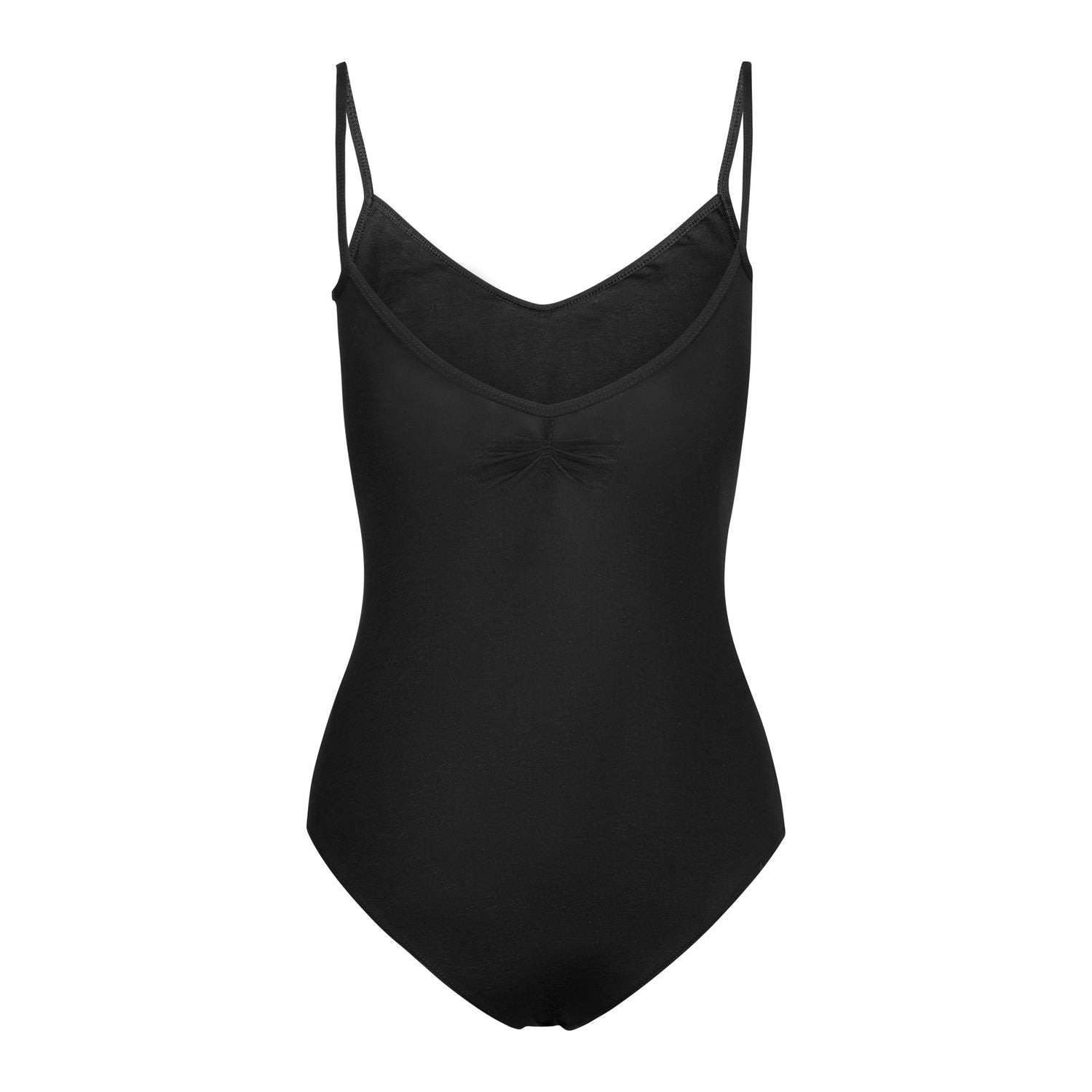 Rumpf's R3102: Schwarzer ärmelloser Turnanzug mit dünnen Trägern, Rüschen und einem eleganten Rückenausschnitt.