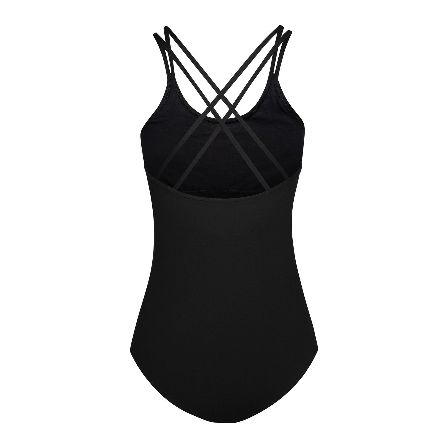 Rumpf R3103 Badeanzug in Schwarz mit Kreuzträger-Design und überkreuzten Rückenträgern.