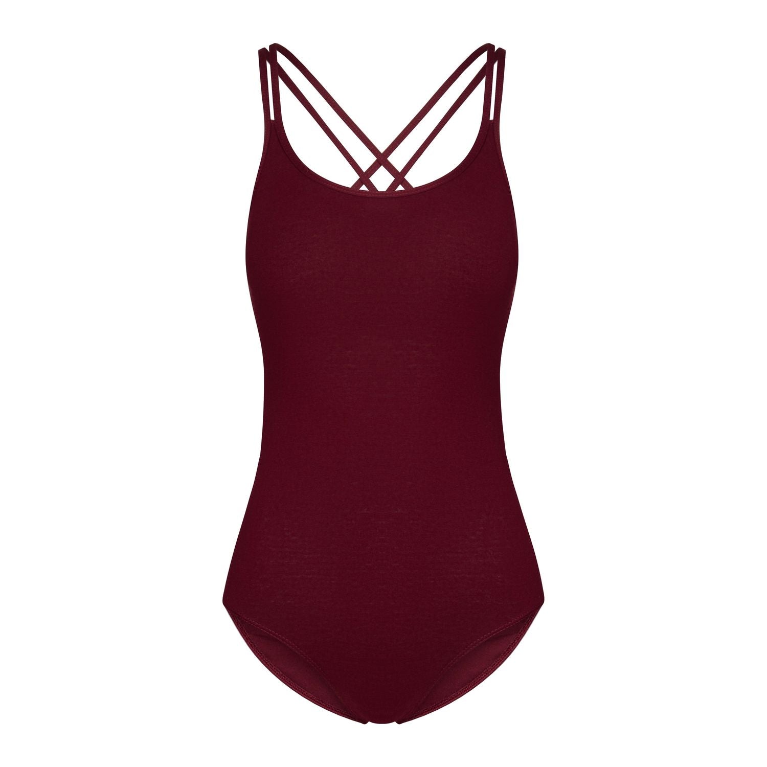 Bordeauxfarbener Body von Rumpf mit doppelten Spaghettiträgern, der ein angenehmes Tragegefühl bietet.