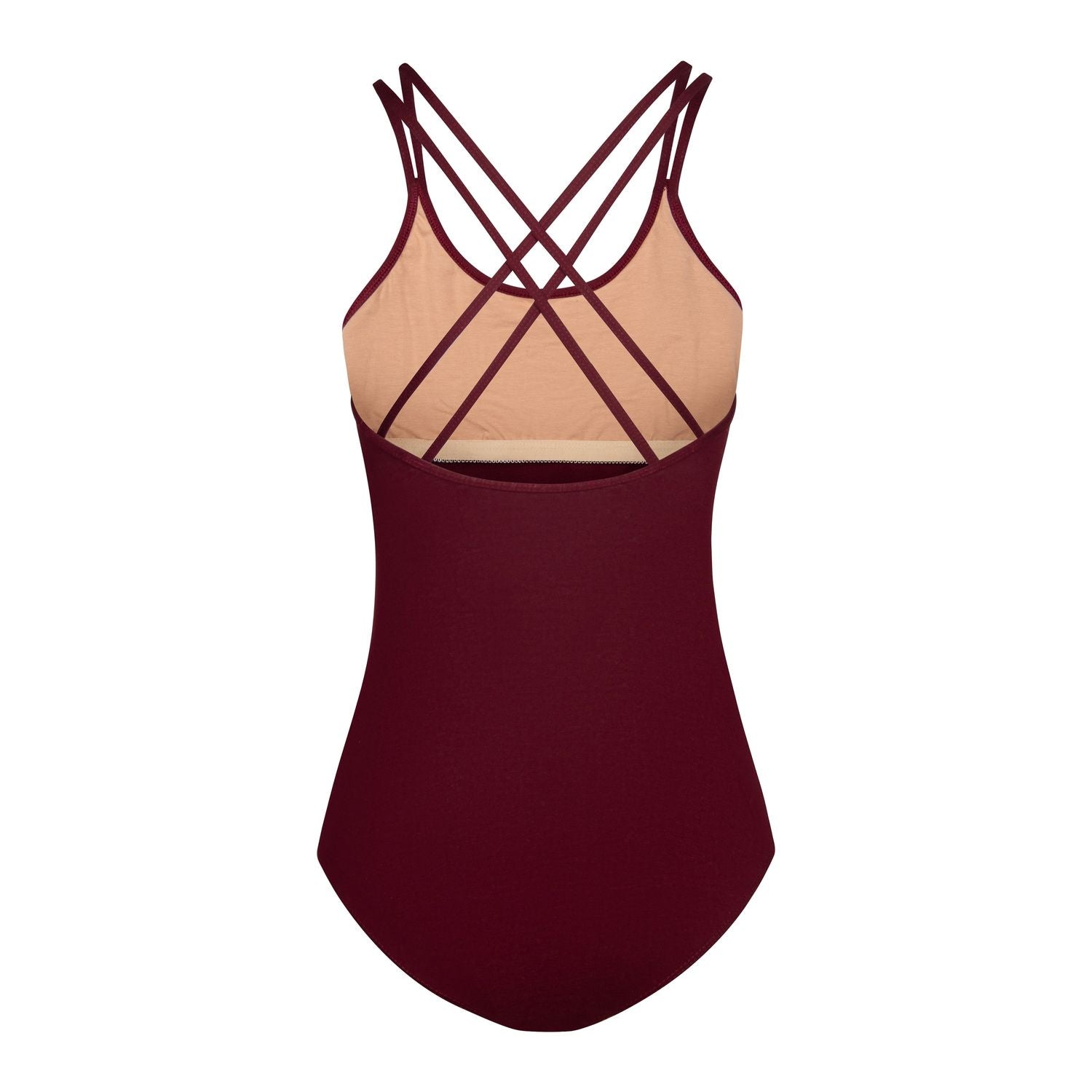Bordeauxfarbener Badeanzug von Rumpf mit doppelten Spaghettiträgern für einen angenehmen Tragekomfort auf weißem Grund.