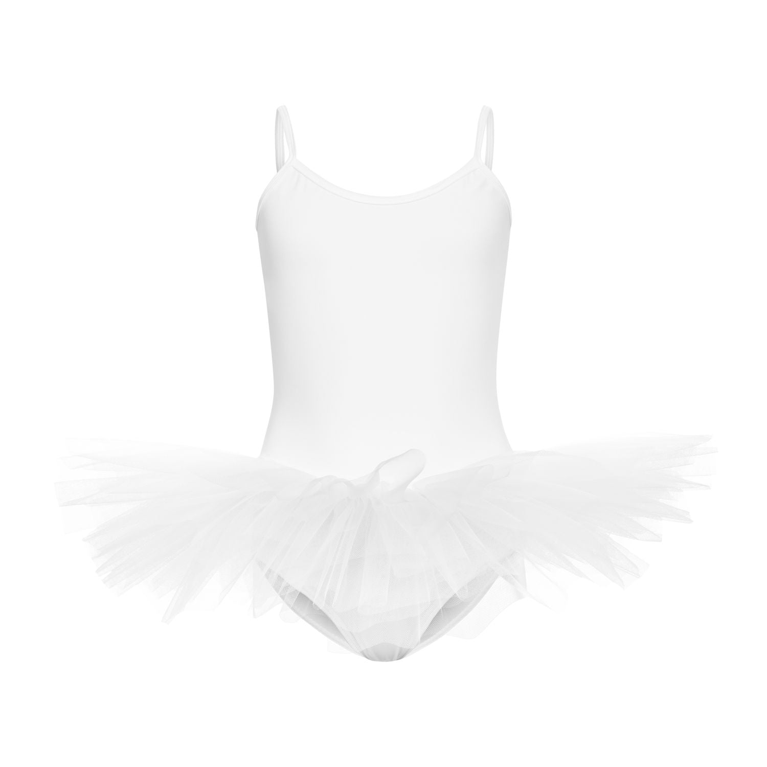Rumpf R3105 Tutu und Body in Weiß mit Spaghettiträgern und einem Tüllrock auf unifarbenem Hintergrund.
