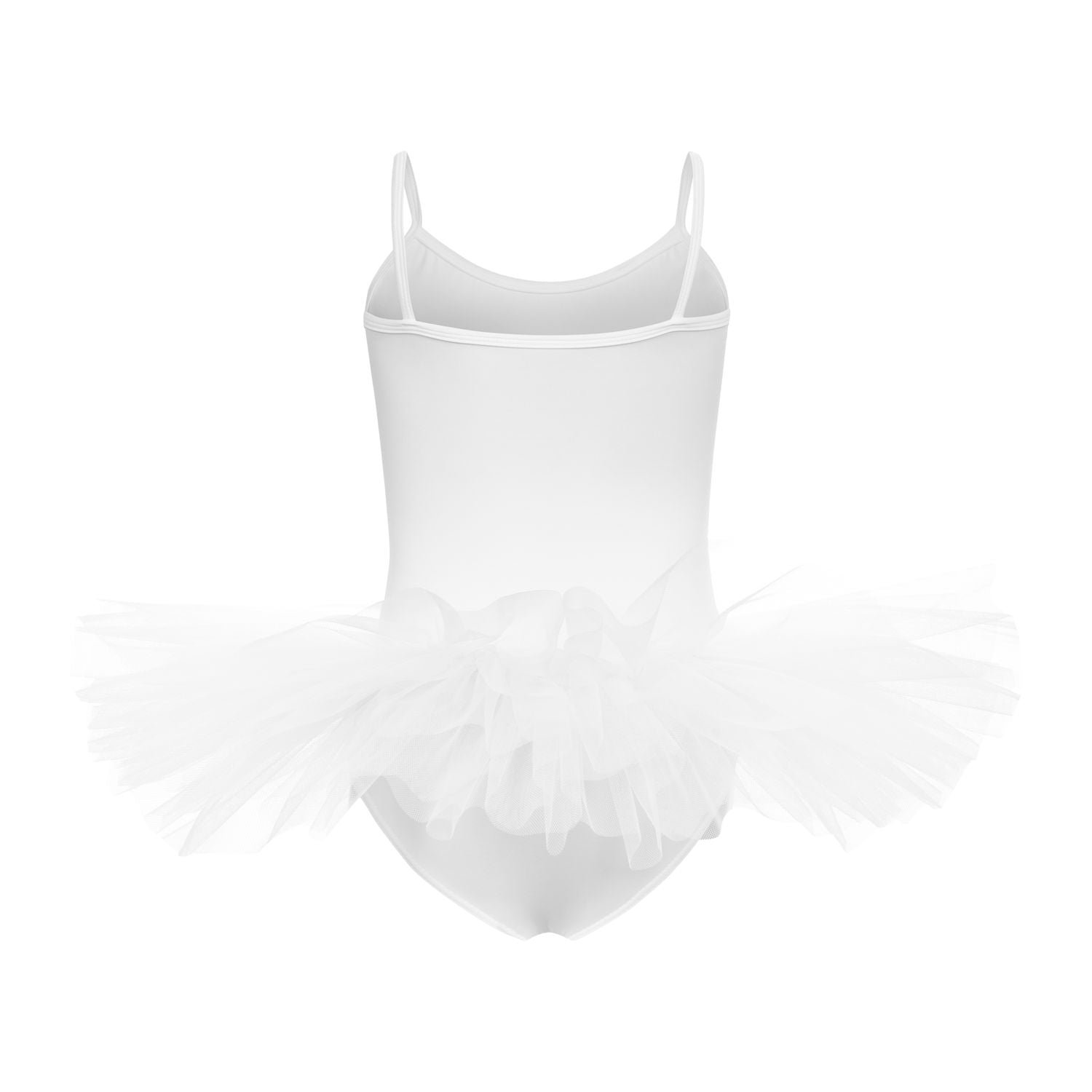 Weißes Tutu und Body R3105 von Rumpf mit Spaghettiträgern und einem mehrlagigen Tüllrock vor weißem Hintergrund.