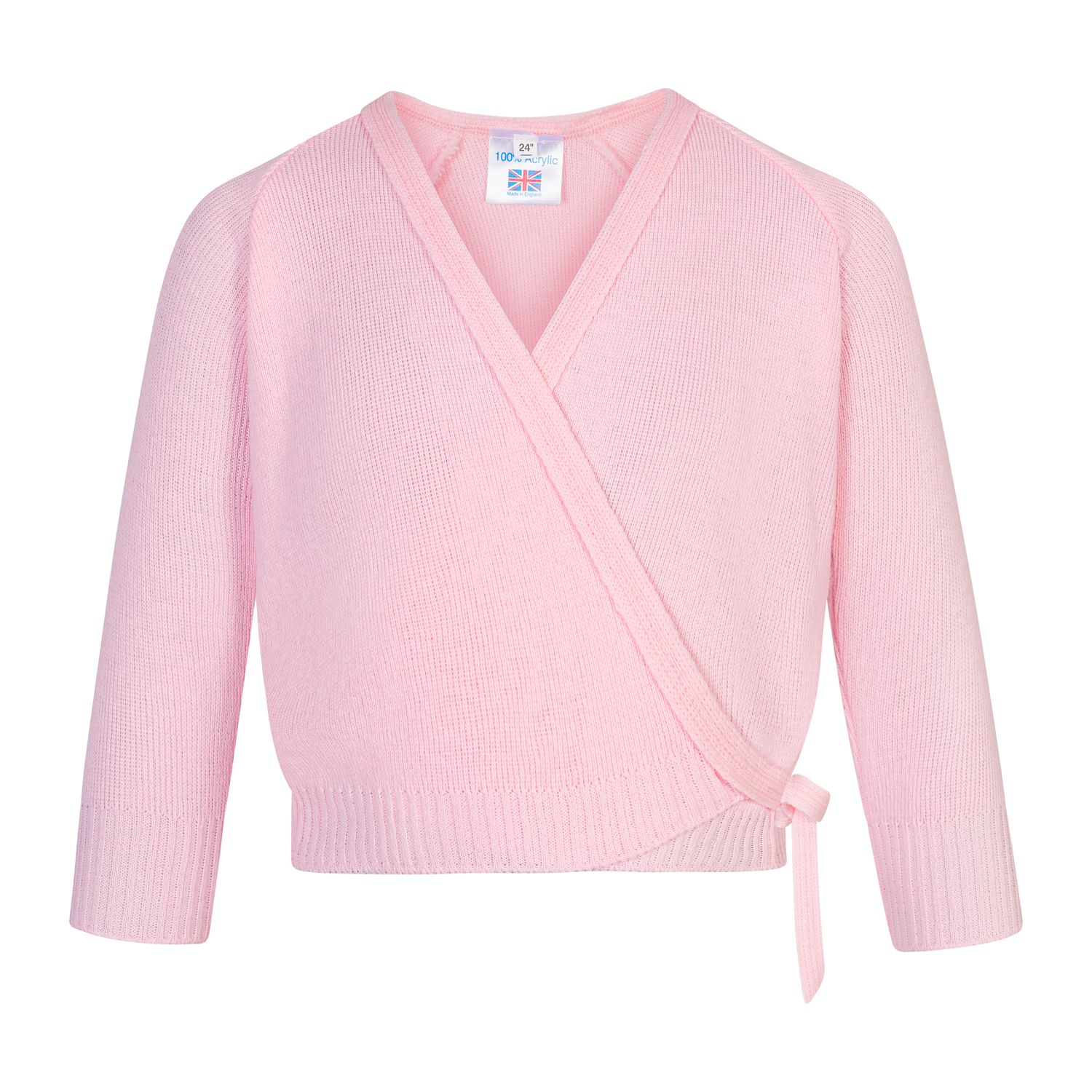 Die Rumpf R3111 Rosa Langarm-Wärmejacke ist ein rosa Wickel-Ballettpullover mit seitlichem Bindeband, ideal zum Aufwärmen.