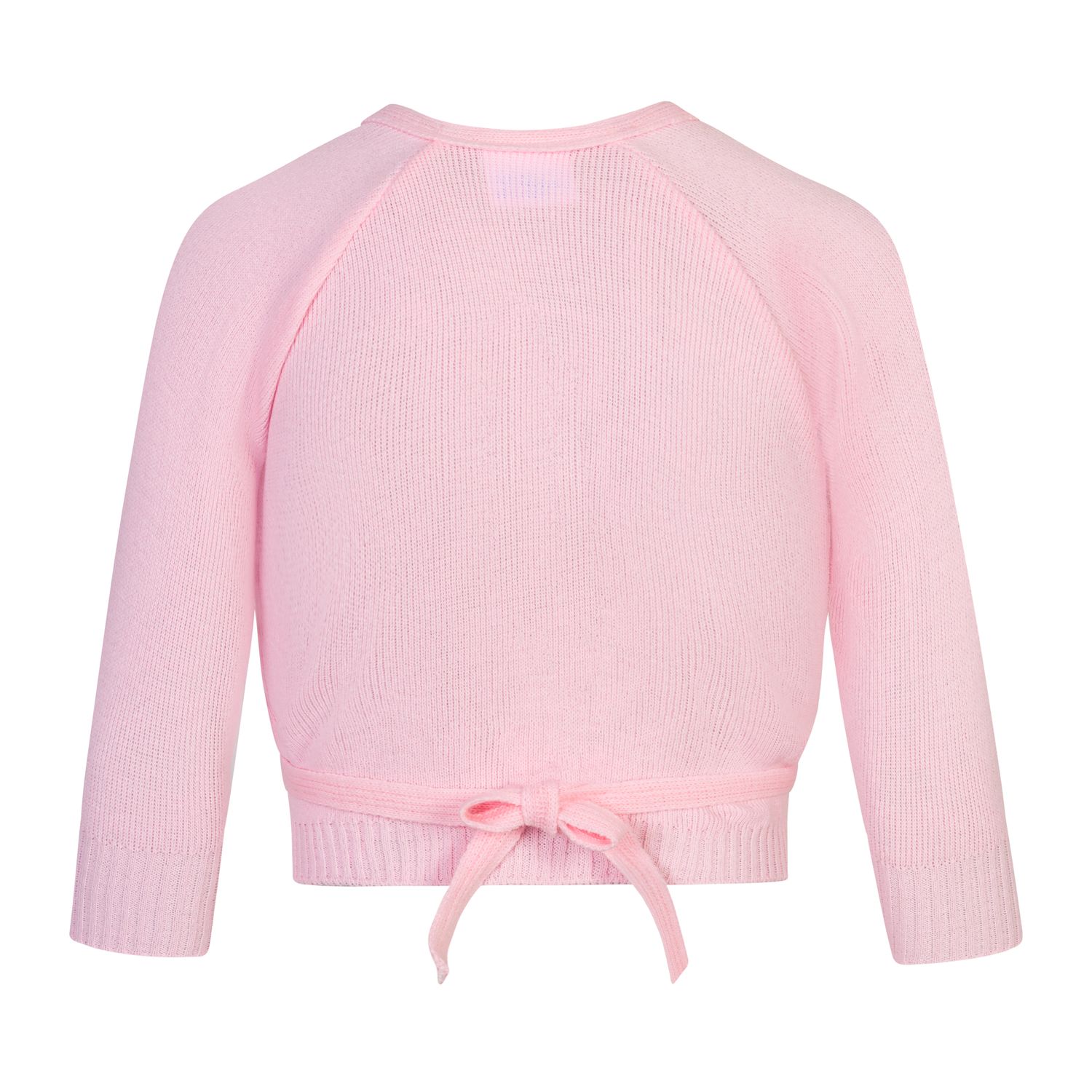Rückansicht eines Rumpf R3111 rosa Strickpullovers mit Taillenband, ideal zum Aufwärmen.
