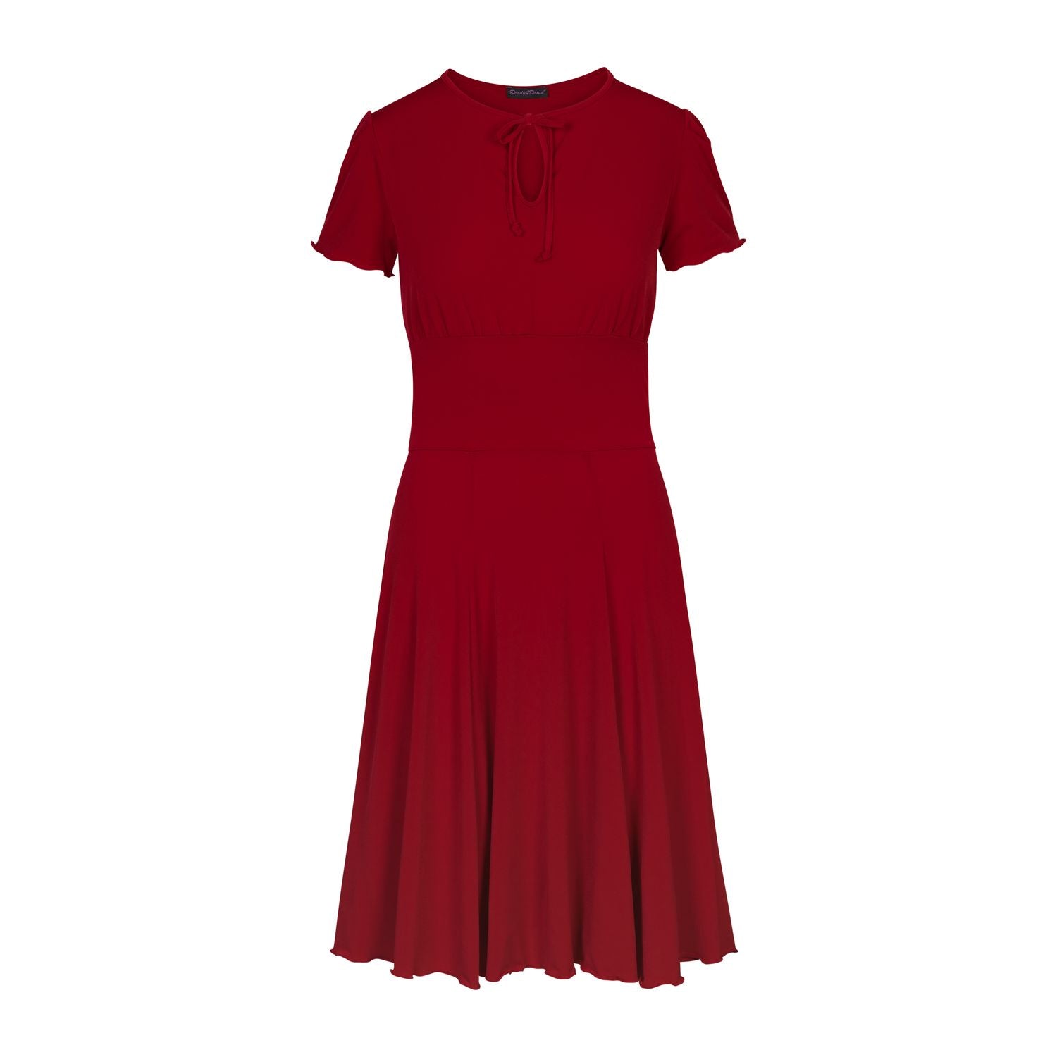 RU5751 Augusta rotes Kleid von Rumpf, kurzärmlig mit ausgestelltem Rock und zeitloser Schleife am Ausschnitt.