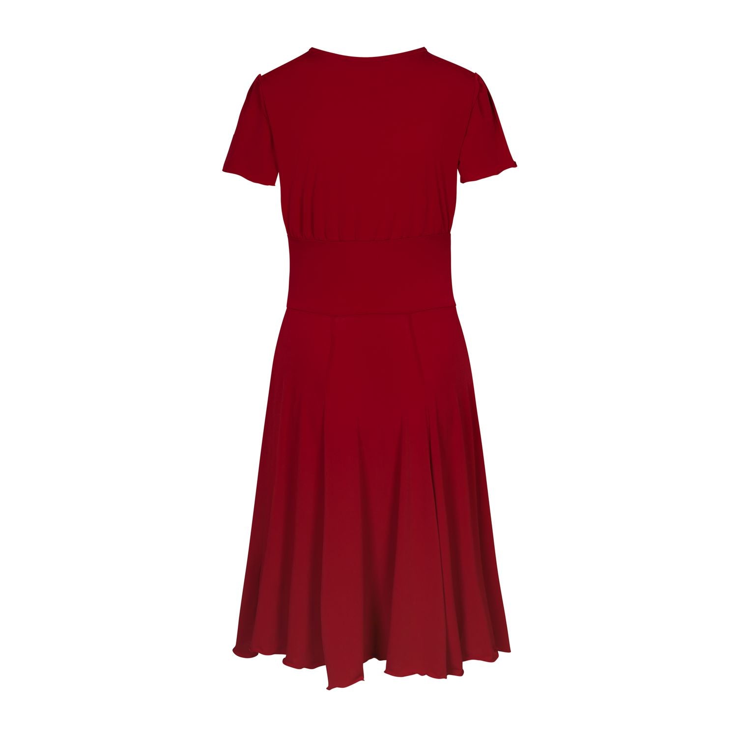 Rumpf's RU5751 Augusta Kurzarm-Kleid: Rotes, kurzes Damenkleid mit weitem Rock, von hinten betrachtet.