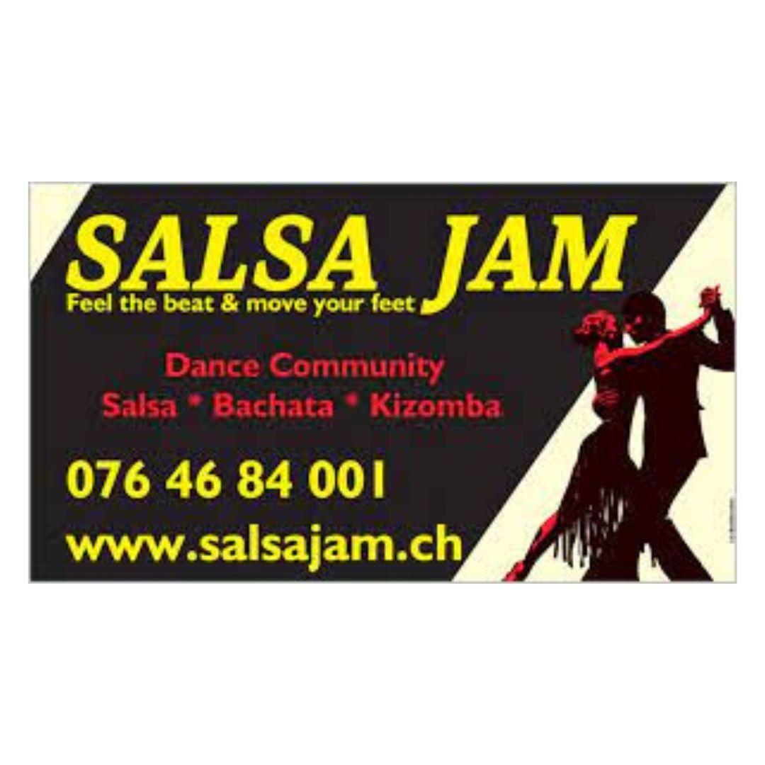 Salsa Jam-Flyer mit Silhouettentänzern, Bachata-Kontaktdaten und Tanzkurse-Site für Gemeinschaftstanzveranstaltungen.