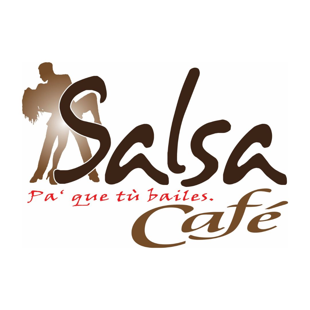 Logo mit tanzendem Paar und Text „Salsa Café by Tanzkurse“: Pa' que tú bailes Salsa Cubana.