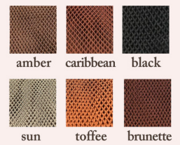 Sechs Pridanza 849/S Netzstrumpfhosen mit Swarovski-Kristallen in sechs Farben: Bernstein, Karibik, Schwarz, Sonne, Toffee, Brünett.