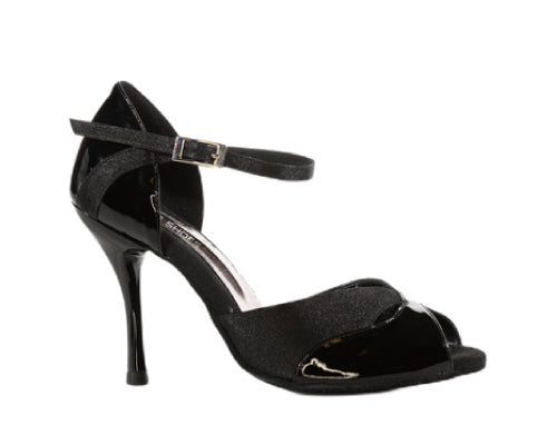 Lidmags 620 VERNICE/CAMOSCIO NERO, offene High Heels mit glänzenden Akzenten, perfekt zum stilvollen Tanzen.