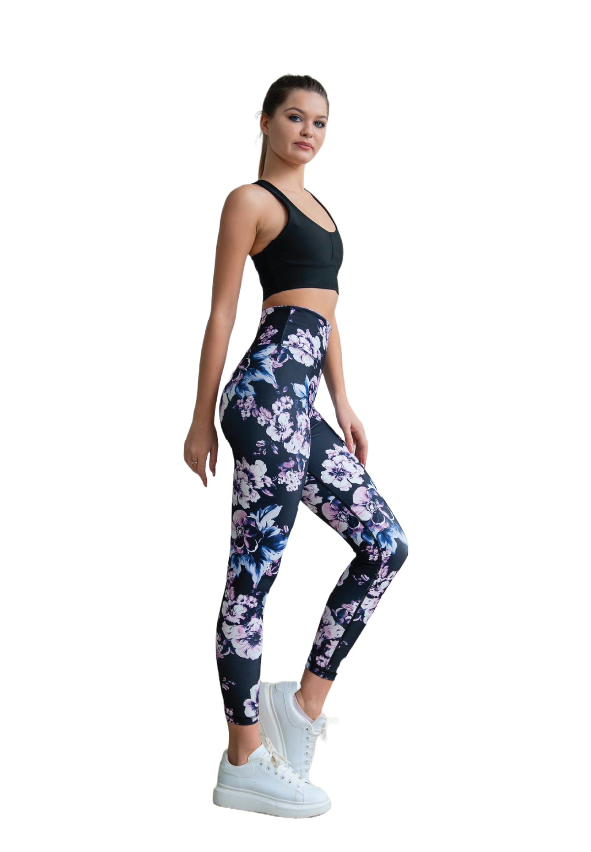 334 Leggings hauts à la taille en noir, bleu, ventilateur rose