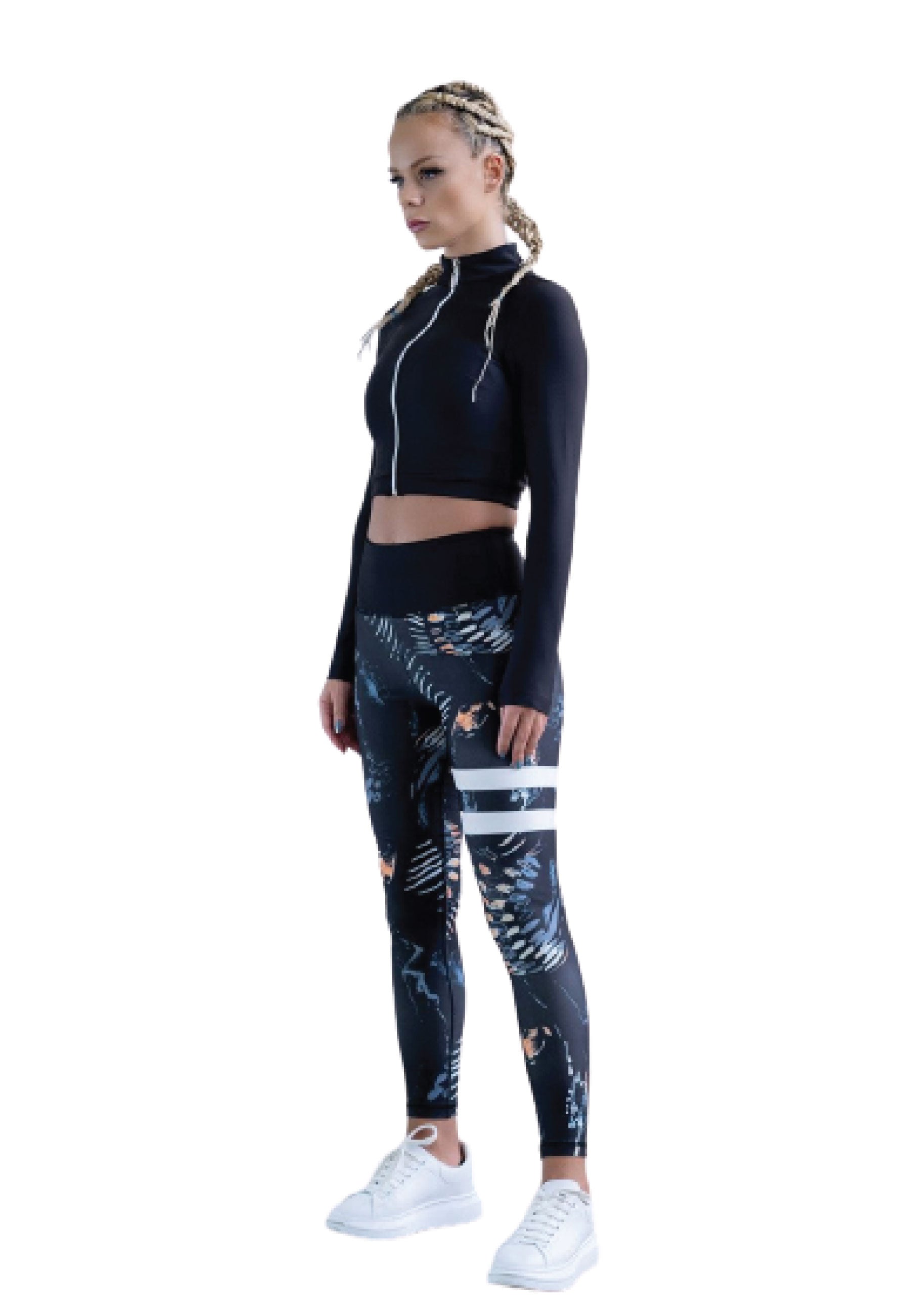 1163 Leggings extra de cintura alta en negro y azul con rayas