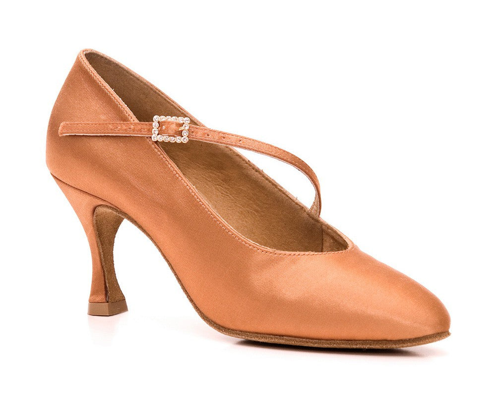 Portdance PD200 Tanzschuhe Premium in Dark Tan Satin mit Strassband, ideal für Turniertanzen, mittlerer Absatz.