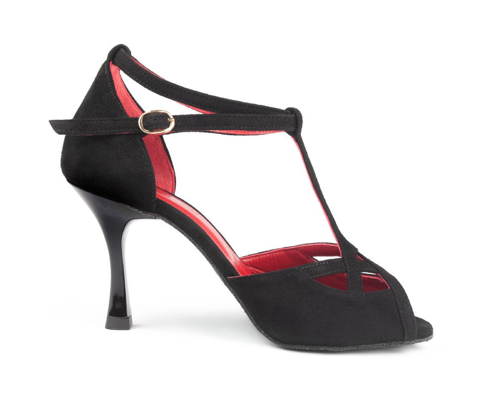 Portdance PD505 Premium Heels: schwarz/rotes Nubukleder, T-Riemen, Schnallenverschluss, eleganter Flare-Absatz.