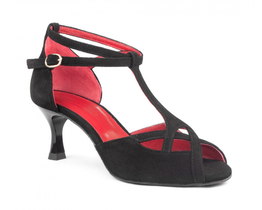 Portdance PD505 Premium Tanzschuhe: schwarz/rotes Nubukleder mit Flare-Absatz und rotem T-Strap-Design im Innenteil.