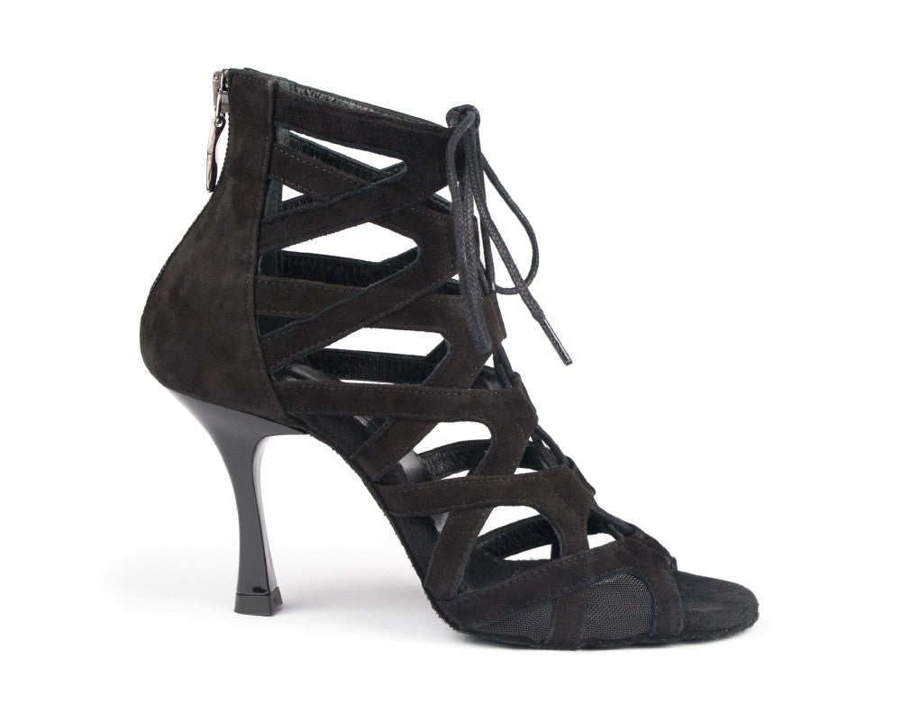 Portdances PD804 NET: Schwarze Tanzschuhe aus Nobuck, Cutout-Design, Schnürsenkel und Reißverschluss hinten – ideal für Enthusiasten.