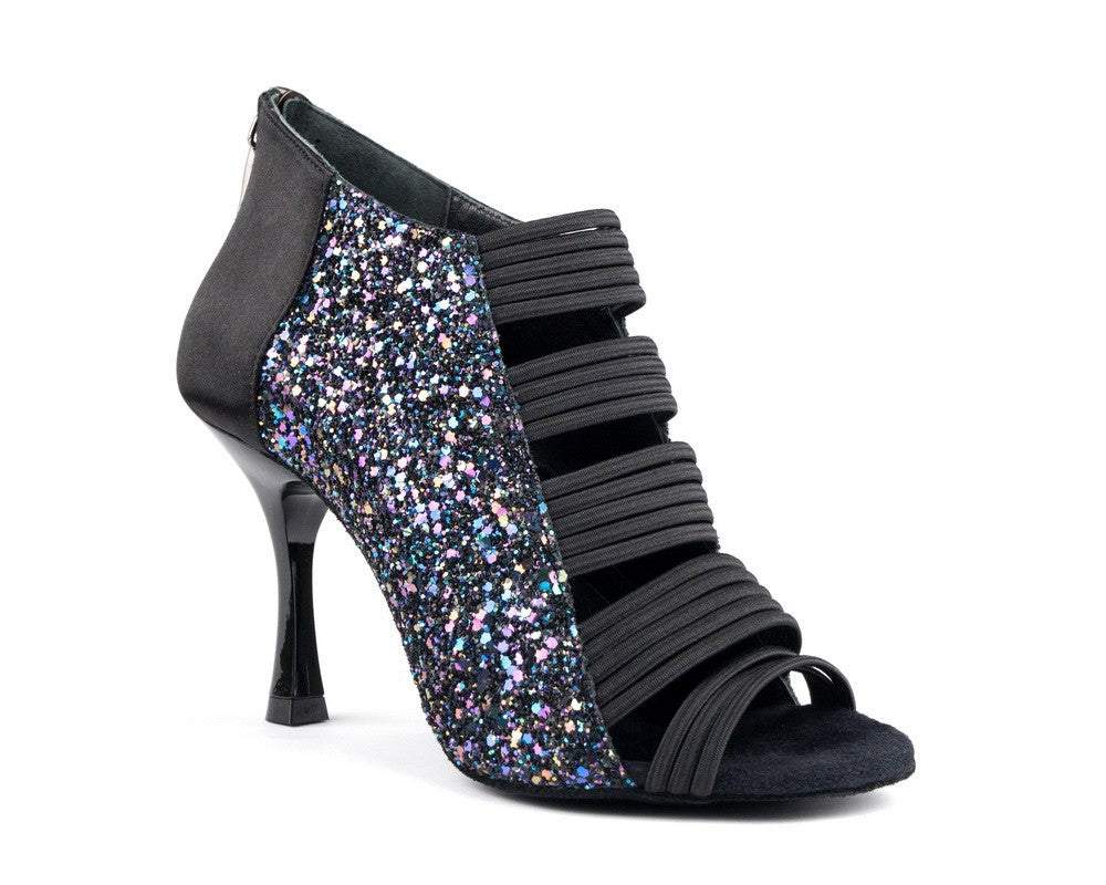 Portdance PD811 PRO Tanzschuhe: Schwarze Glitzer-Heels mit funkelndem Seiteneinsatz und Riemchendesign mit offener Spitze.