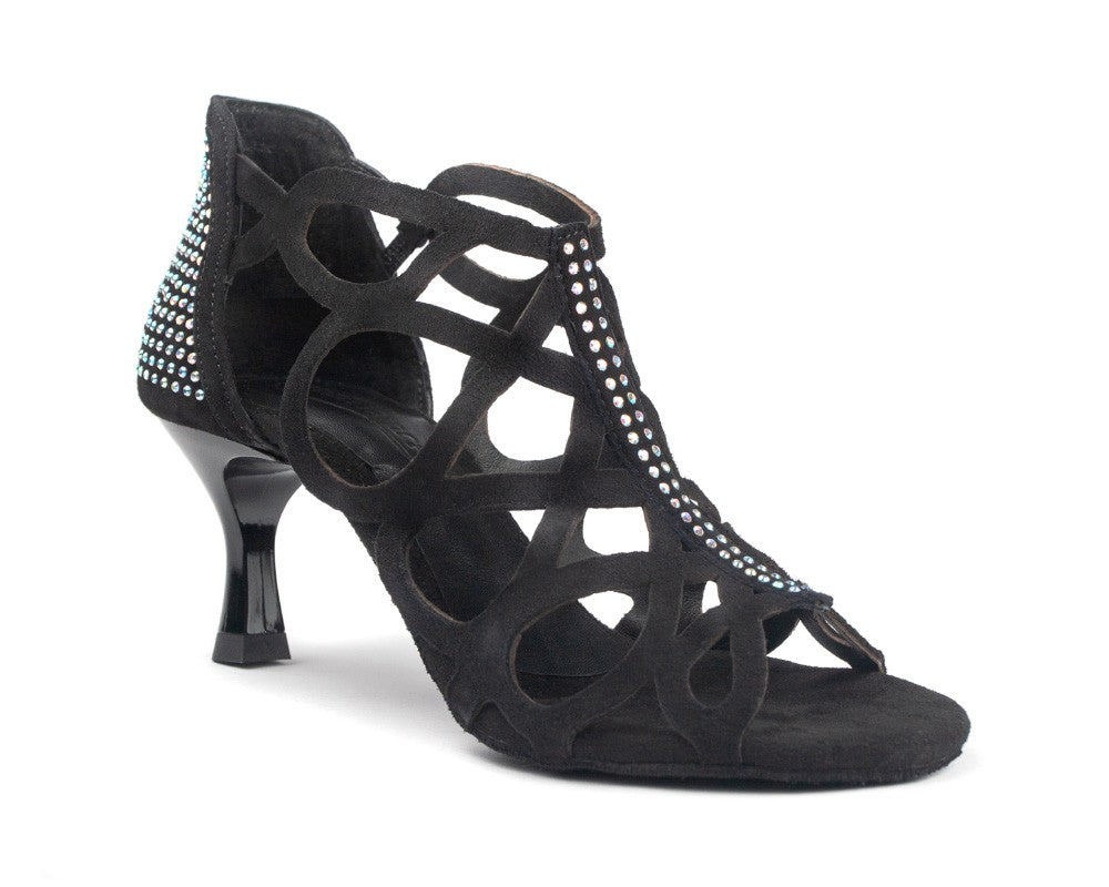 PD814 Tanzschuhe von Portdance: Schwarzes Nubukleder mit Steinen, Riemchendesign und geschwungenem hohen Absatz.