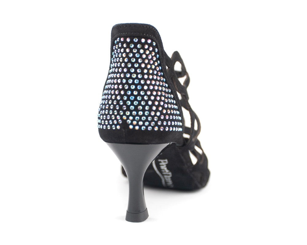 Portdance PD814 Tanzschuhe aus schwarzem Nubuk mit Strasssteinen und ausgestelltem Absatz.