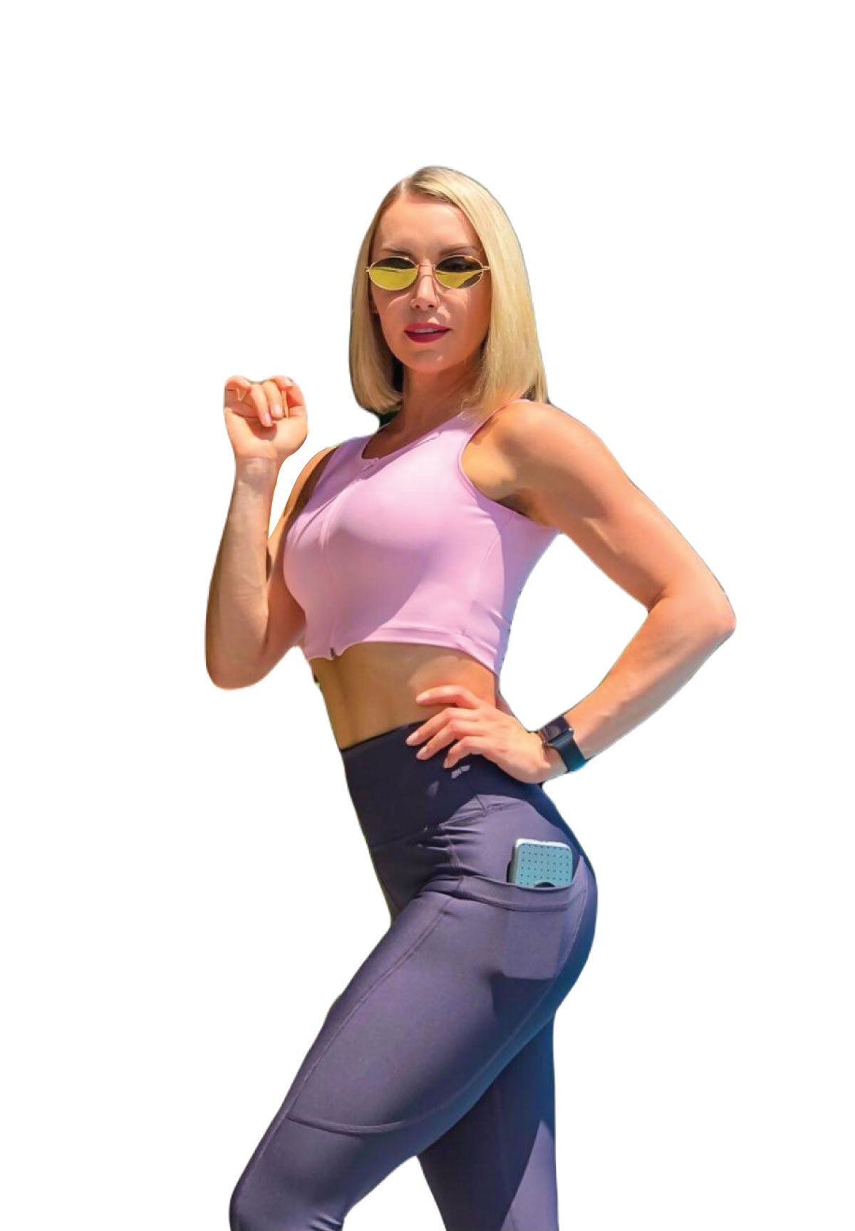 Lisminas 801 Back Pocket Leggings in Anthrazit, rosa Oberteil, Sonnenbrille, Smartwatch; kleines Hüftgerät inklusive.