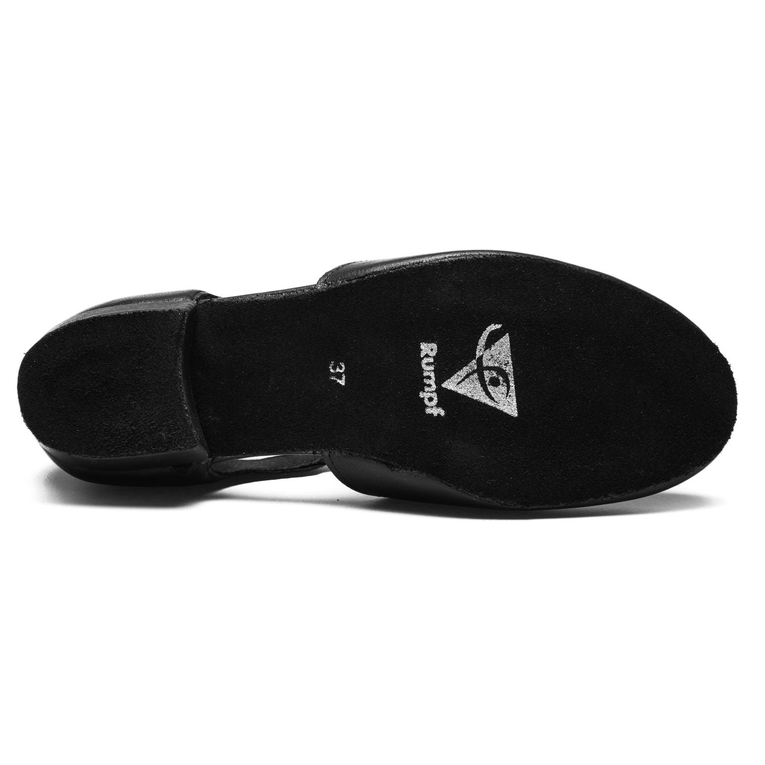 Die Sohle der „1312 Griechischen Sandale in Schwarz“ trägt das Rumpf-Logo und die Größe 37, gefertigt aus strapazierfähiger Chromledersohle.