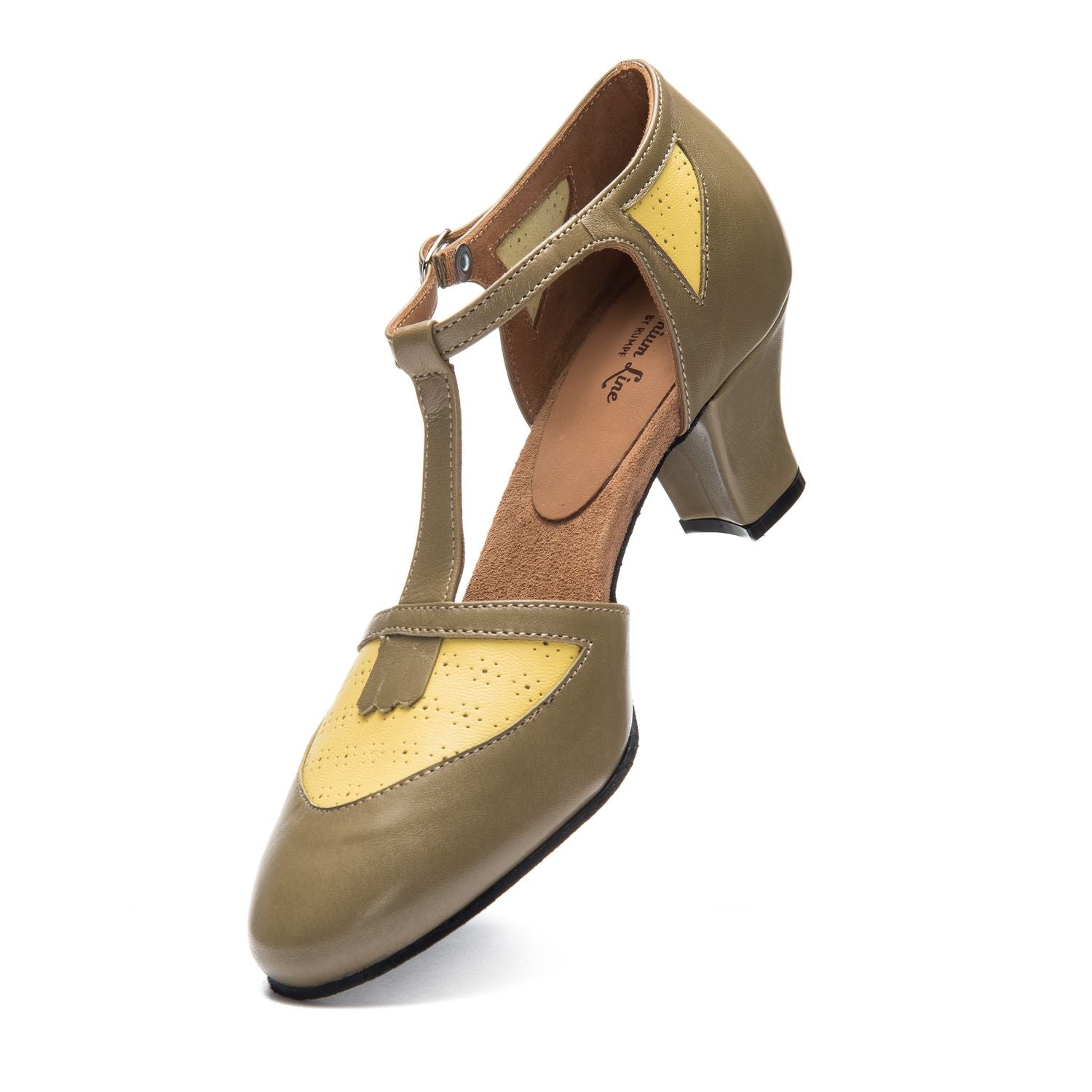 Rumpf 9230 Khaki Damen-Swingschuhe mit T-Riemen, gelben Details und perforiertem Lederdesign.